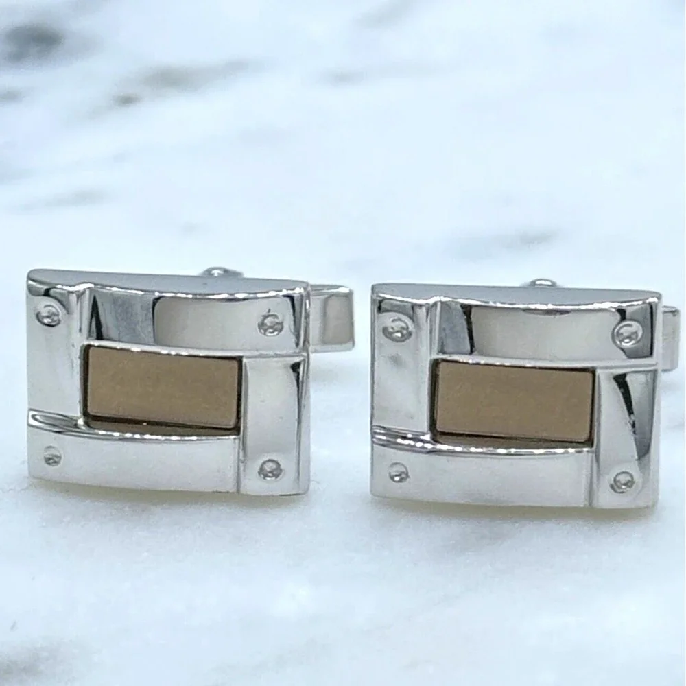925 Silver Trim & 14K Gold Center Rectangle Elegant Formal Whale Back Cufflinks